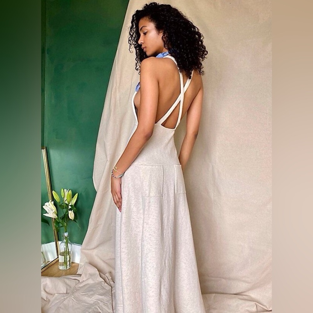 FP Beach Stay Salty Pinafore Open Back Midi Dress in Natural - Size XS